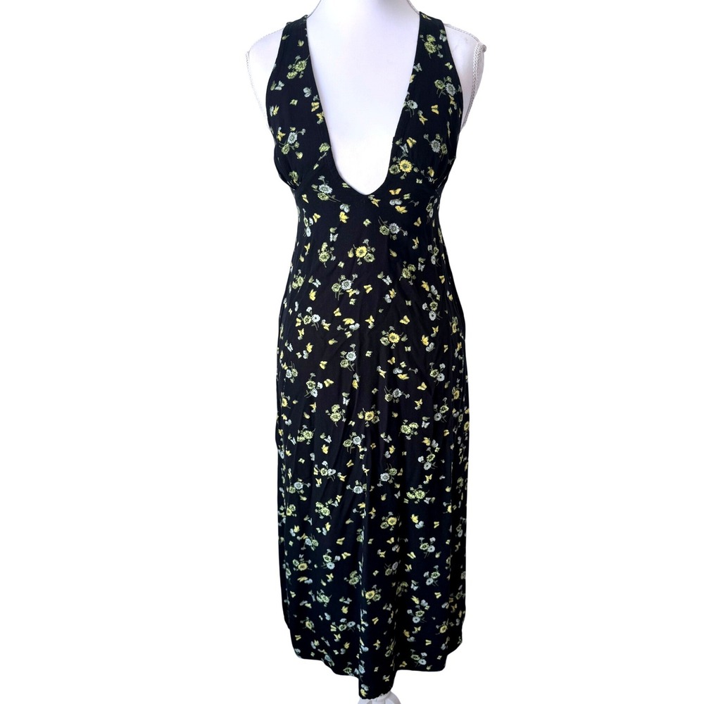 Motel Rocks Floral Deep V Midi Dress Black Yellow Cottagecore XS